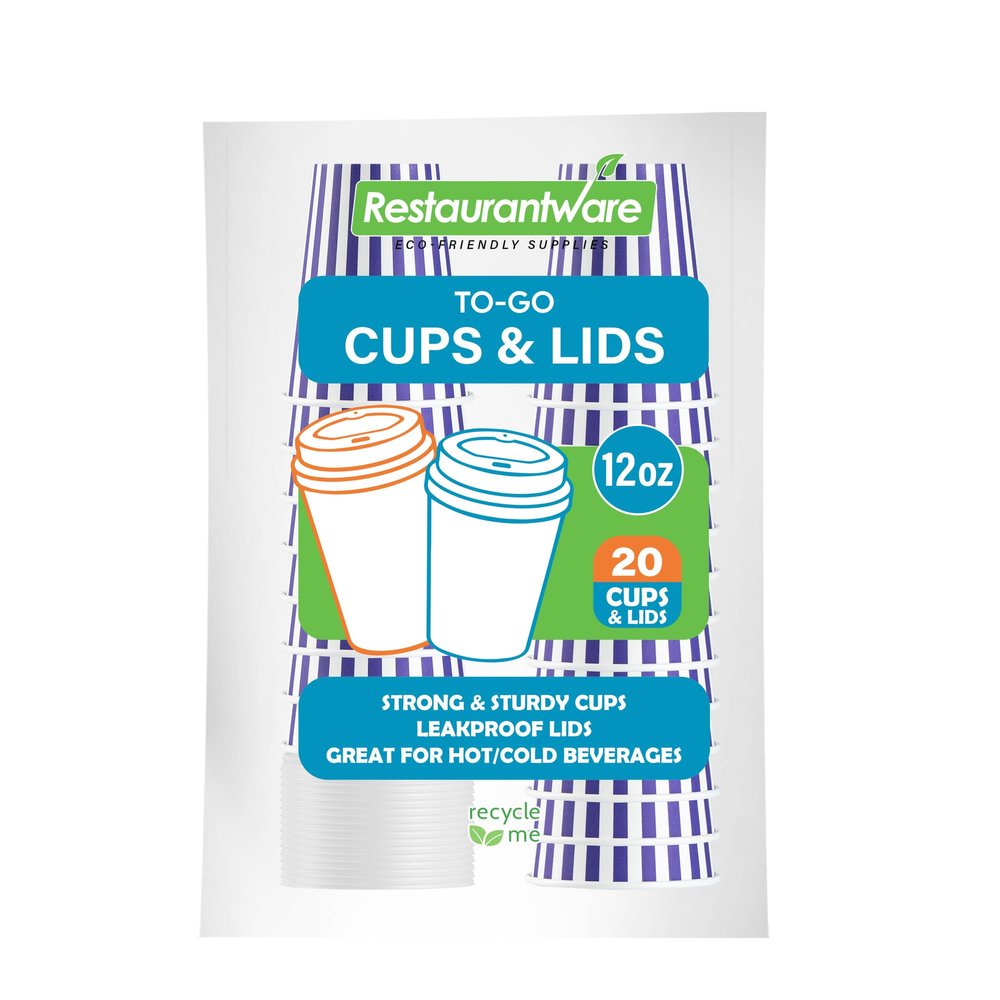 12 Ounce Disposable Coffee Cups With Lids, 20 Hot Cups With Lids - Sleeves Sold Separately, Single Wall, Purple And White Stripe Paper Coffee Cups, For All Kinds Of Beverages - Restaurantware