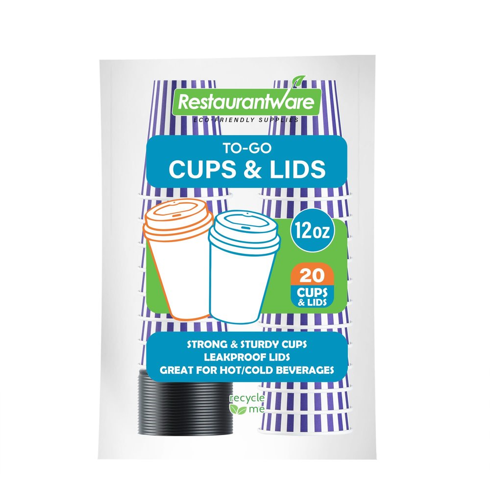 12 Ounce Disposable Coffee Cups With Lids, 20 Hot Cups With Lids - Sleeves Sold Separately, Single Wall, Purple And White Stripe Paper Coffee Cups, For All Kinds Of Beverages - Restaurantware