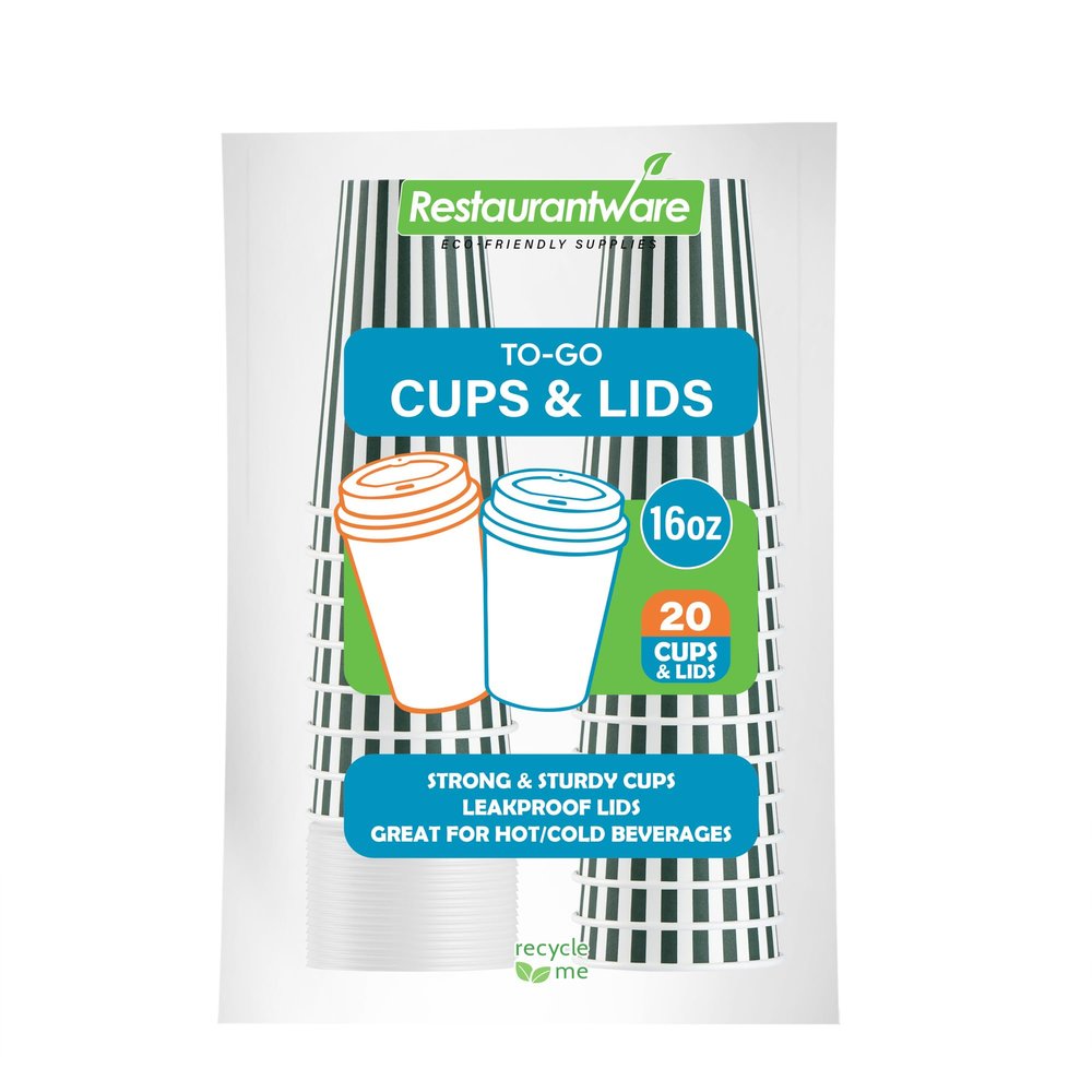 16 Ounce Disposable Coffee Cups With Lids, 20 Hot Cups With Lids - Sleeves Sold Separately, Single Wall, Forest Green And White Stripe Paper Coffee Cups, For All Kinds Of Beverages - Restaurantware