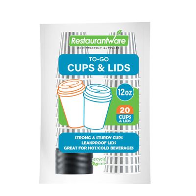 12 Ounce Disposable Coffee Cups With Lids, 20 Hot Cups With Lids - Sleeves Sold Separately, Single Wall, Gray And White Stripe Paper Coffee Cups, For All Kinds Of Beverages - Restaurantware