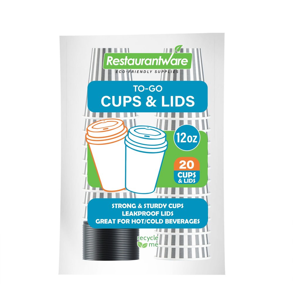 12 Ounce Disposable Coffee Cups With Lids, 20 Hot Cups With Lids - Sleeves Sold Separately, Single Wall, Gray And White Stripe Paper Coffee Cups, For All Kinds Of Beverages - Restaurantware