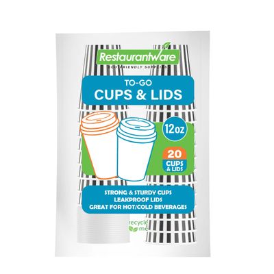 12 Ounce Disposable Coffee Cups With Lids, 20 Hot Cups With Lids - Sleeves Sold Separately, Single Wall, Black And White Stripe Paper Coffee Cups, For All Kinds Of Beverages - Restaurantware