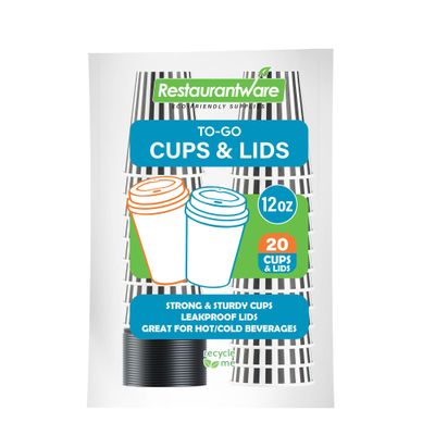 12 Ounce Disposable Coffee Cups With Lids, 20 Hot Cups With Lids - Sleeves Sold Separately, Single Wall, Black And White Stripe Paper Coffee Cups, For All Kinds Of Beverages - Restaurantware