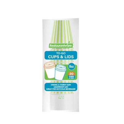 8 Ounce Disposable Coffee Cups With Lids, 20 Hot Cups With Lids - Sleeves Sold Separately, Single Wall, Green And White Stripe Paper Coffee Cups, For All Kinds Of Beverages - Restaurantware