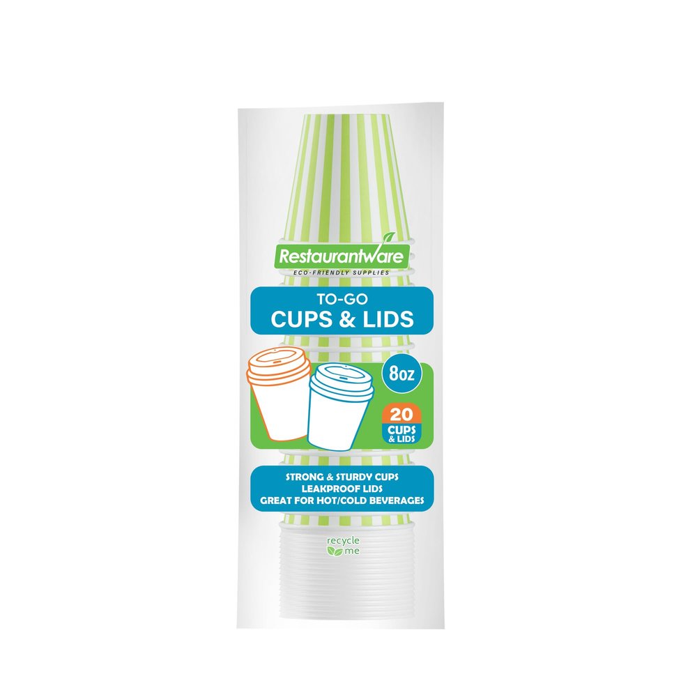 8 Ounce Disposable Coffee Cups With Lids, 20 Hot Cups With Lids - Sleeves Sold Separately, Single Wall, Green And White Stripe Paper Coffee Cups, For All Kinds Of Beverages - Restaurantware
