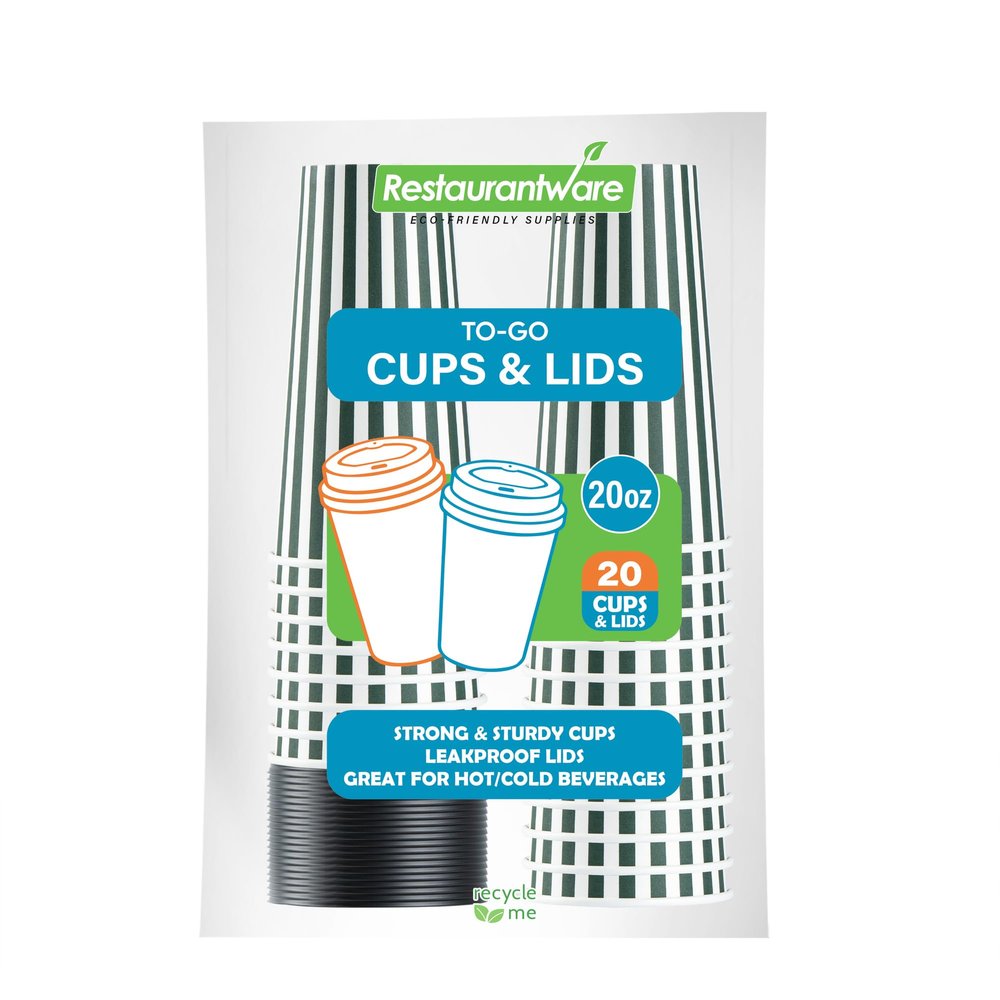 20 Ounce Disposable Coffee Cups With Lids, 20 Hot Cups With Lids - Sleeves Sold Separately, Single Wall, Forest Green And White Stripe Paper Coffee Cups, For All Kinds Of Beverages - Restaurantware