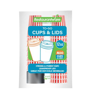 12 Ounce Disposable Coffee Cups With Lids, 400 Hot Cups With Lids - Sleeves Sold Separately, Single Wall, Red And White Stripe Paper Coffee Cups, For All Kinds Of Beverages - Restaurantware