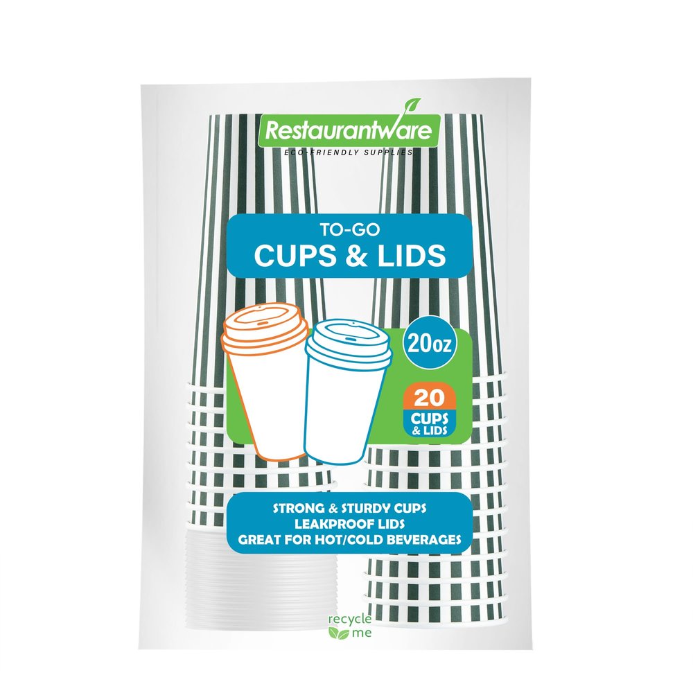 20 Ounce Disposable Coffee Cups With Lids, 20 Hot Cups With Lids - Sleeves Sold Separately, Single Wall, Forest Green And White Stripe Paper Coffee Cups, For All Kinds Of Beverages - Restaurantware