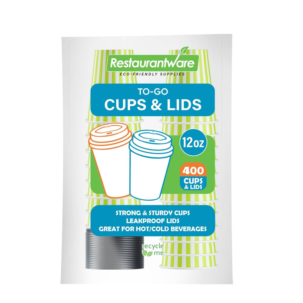 12 Ounce Disposable Coffee Cups With Lids, 400 Hot Cups With Lids - Sleeves Sold Separately, Single Wall, Green And White Stripe Paper Coffee Cups, For All Kinds Of Beverages - Restaurantware