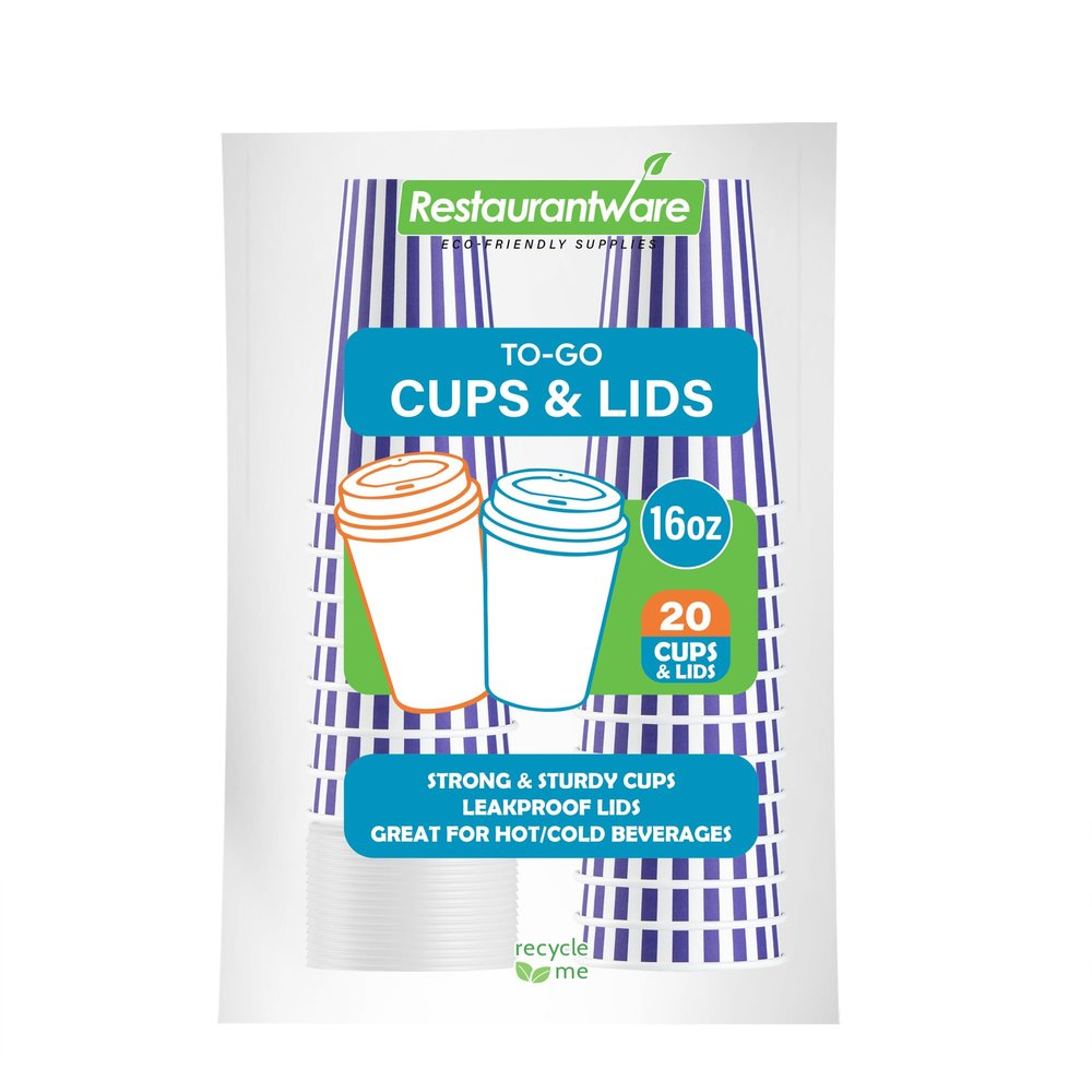 16 Ounce Disposable Coffee Cups With Lids, 20 Hot Cups With Lids - Sleeves Sold Separately, Single Wall, Purple And White Stripe Paper Coffee Cups, For All Kinds Of Beverages - Restaurantware