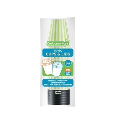 8 Ounce Disposable Coffee Cups With Lids, 20 Hot Cups With Lids - Sleeves Sold Separately, Single Wall, Green And White Stripe Paper Coffee Cups, For All Kinds Of Beverages - Restaurantware