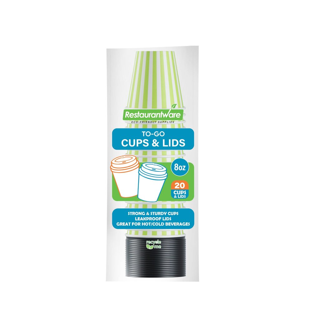 8 Ounce Disposable Coffee Cups With Lids, 20 Hot Cups With Lids - Sleeves Sold Separately, Single Wall, Green And White Stripe Paper Coffee Cups, For All Kinds Of Beverages - Restaurantware