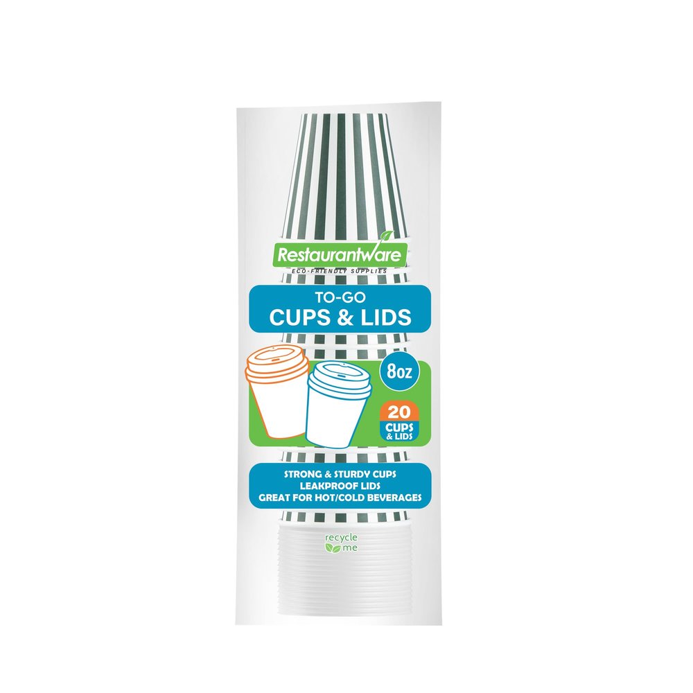 8 Ounce Disposable Coffee Cups With Lids, 20 Hot Cups With Lids - Sleeves Sold Separately, Single Wall, Forest Green And White Stripe Paper Coffee Cups, For All Kinds Of Beverages - Restaurantware