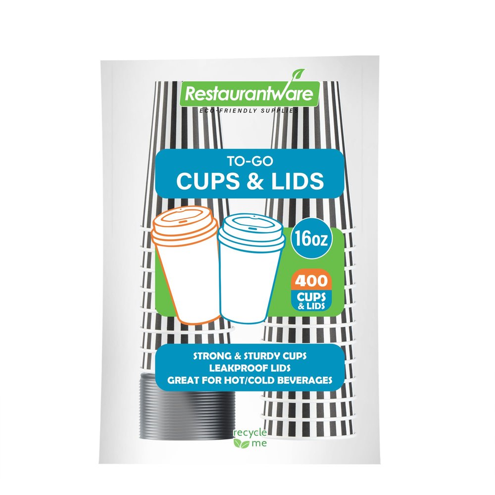 16 Ounce Disposable Coffee Cups With Lids, 400 Hot Cups With Lids - Sleeves Sold Separately, Single Wall, Black And White Stripe Paper Coffee Cups, For All Kinds Of Beverages - Restaurantware