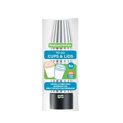8 Ounce Disposable Coffee Cups With Lids, 20 Hot Cups With Lids - Sleeves Sold Separately, Single Wall, Gray And White Stripe Paper Coffee Cups, For All Kinds Of Beverages - Restaurantware