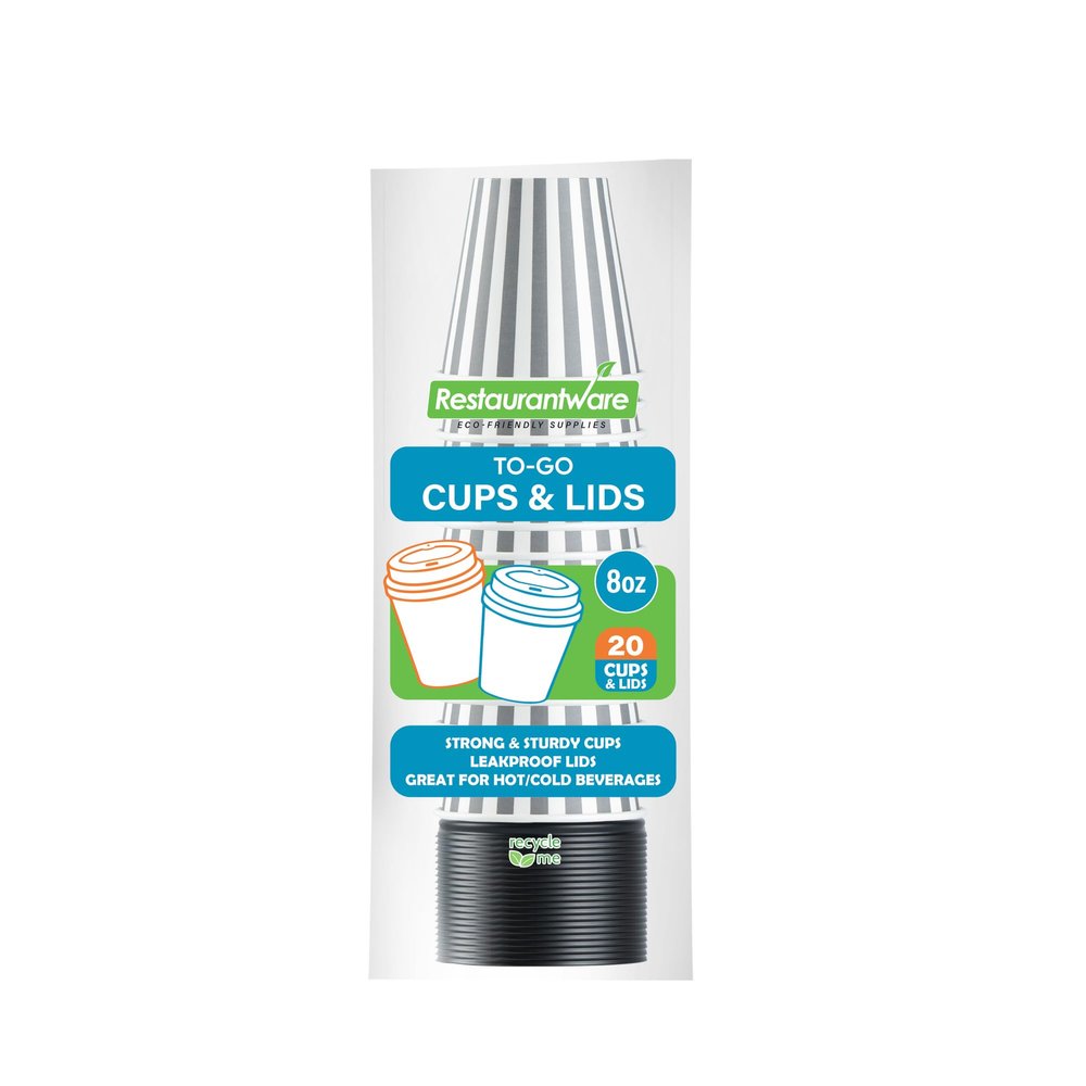 8 Ounce Disposable Coffee Cups With Lids, 20 Hot Cups With Lids - Sleeves Sold Separately, Single Wall, Gray And White Stripe Paper Coffee Cups, For All Kinds Of Beverages - Restaurantware