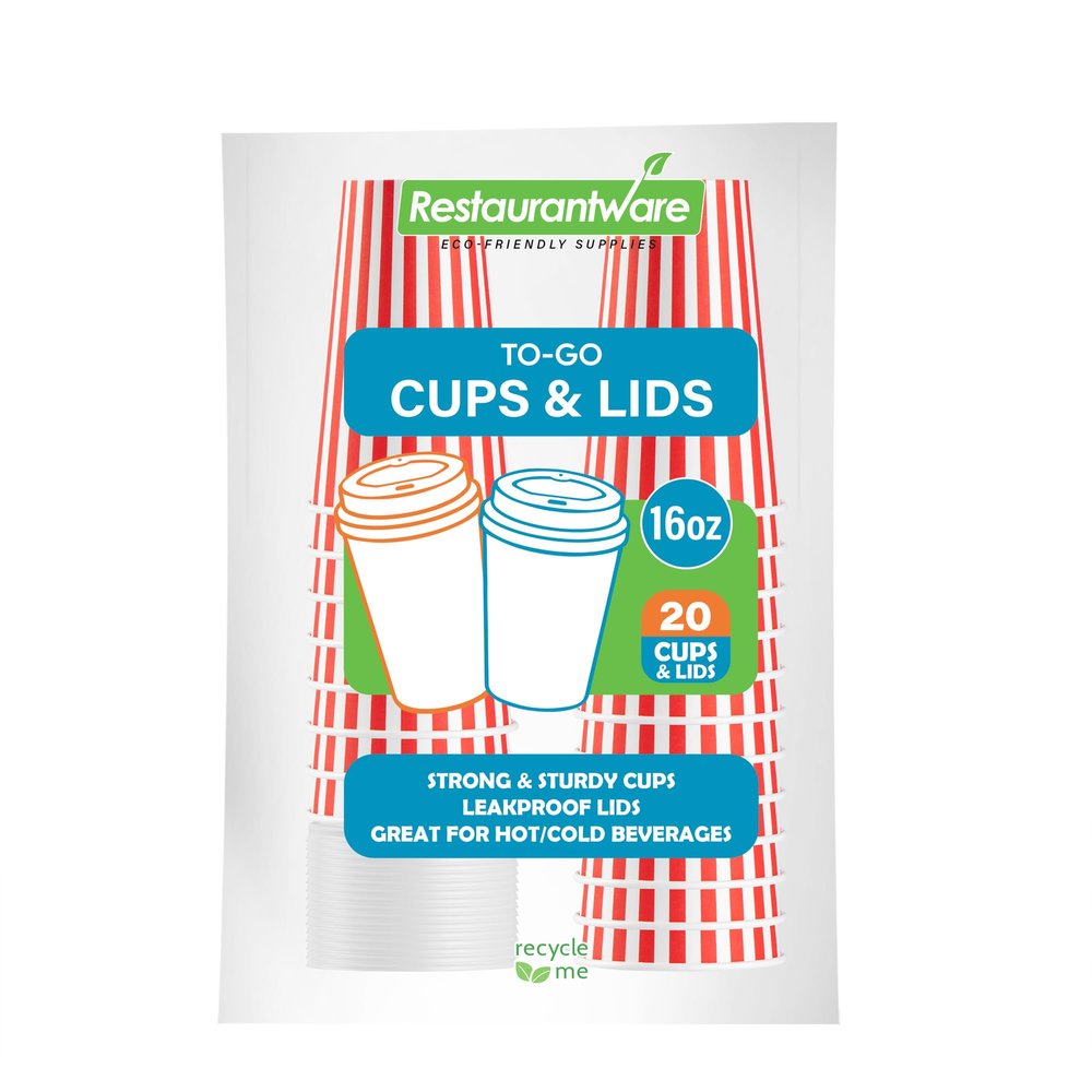 16 Ounce Disposable Coffee Cups With Lids, 20 Hot Cups With Lids - Sleeves Sold Separately, Single Wall, Red And White Stripe Paper Coffee Cups, For All Kinds Of Beverages - Restaurantware