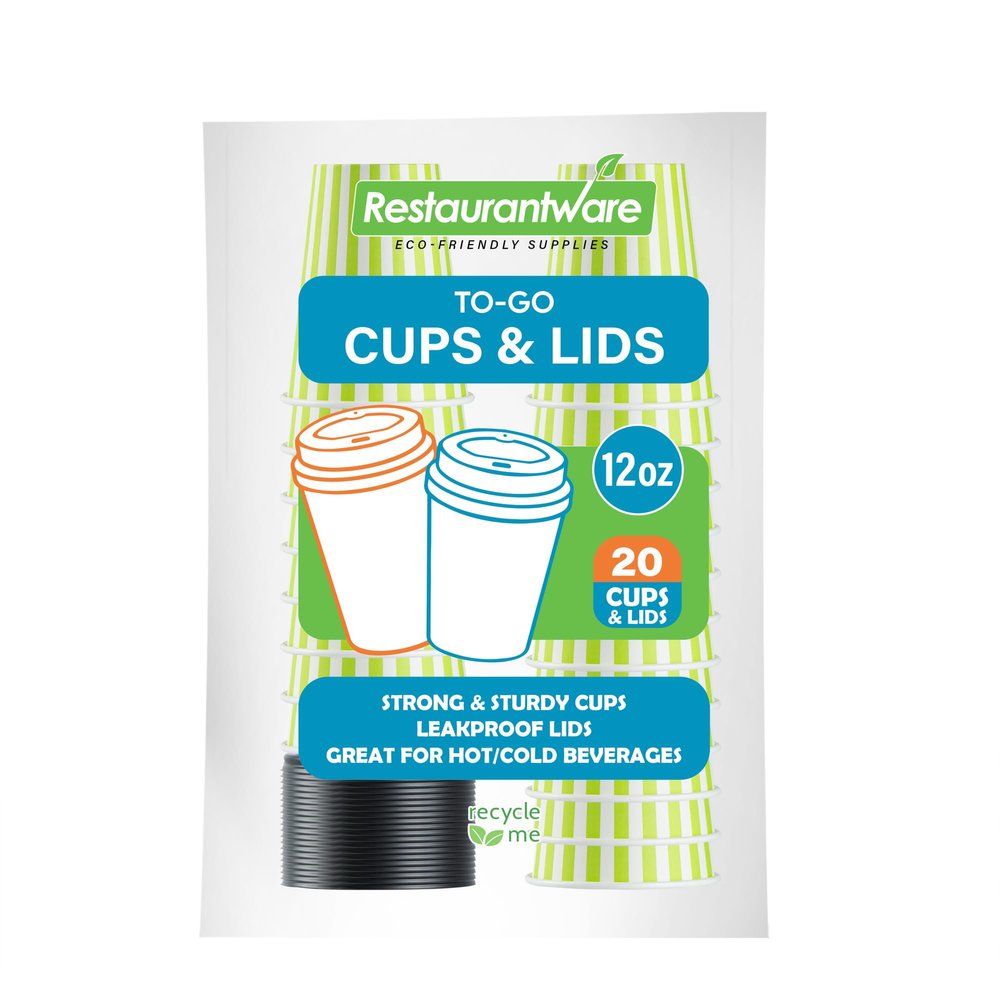 12 Ounce Disposable Coffee Cups With Lids, 20 Hot Cups With Lids - Sleeves Sold Separately, Single Wall, Green And White Stripe Paper Coffee Cups, For All Kinds Of Beverages - Restaurantware