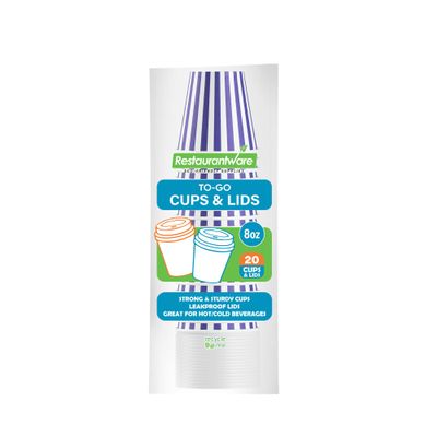 8 Ounce Disposable Coffee Cups With Lids, 20 Hot Cups With Lids - Sleeves Sold Separately, Single Wall, Purple And White Stripe Paper Coffee Cups, For All Kinds Of Beverages - Restaurantware