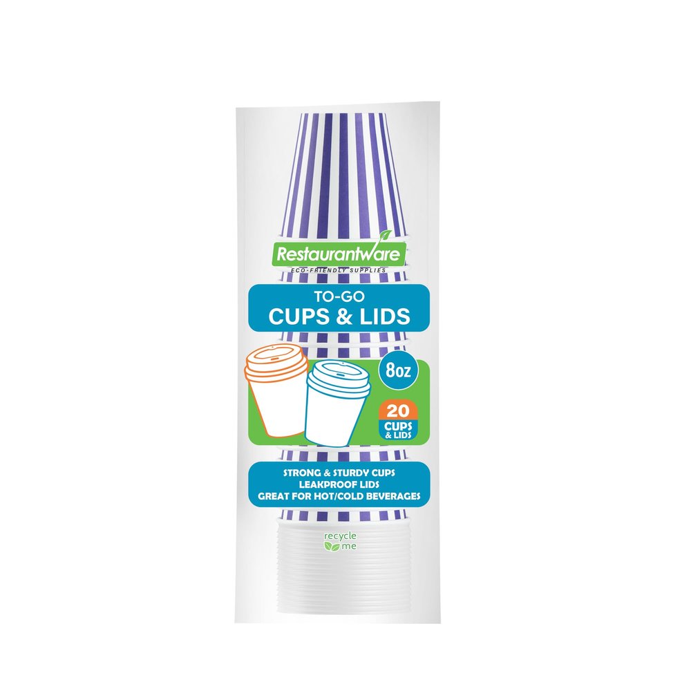 8 Ounce Disposable Coffee Cups With Lids, 20 Hot Cups With Lids - Sleeves Sold Separately, Single Wall, Purple And White Stripe Paper Coffee Cups, For All Kinds Of Beverages - Restaurantware