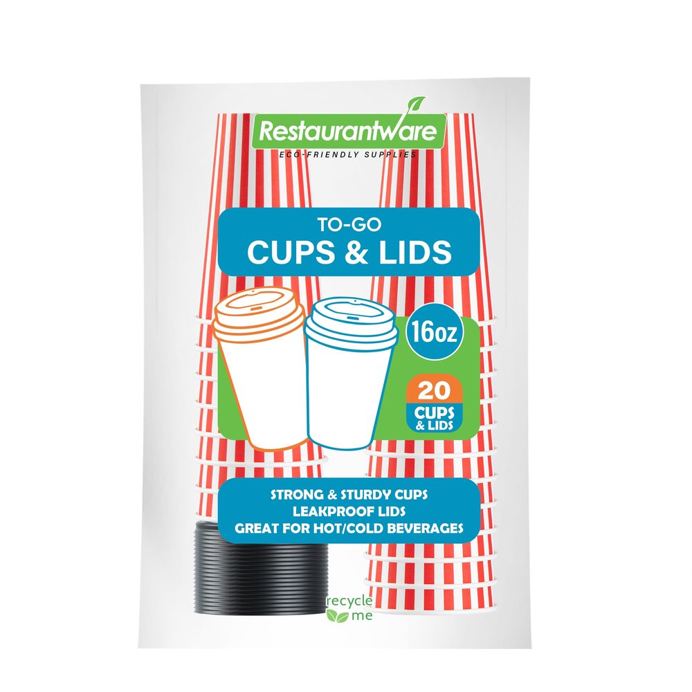16 Ounce Disposable Coffee Cups With Lids, 20 Hot Cups With Lids - Sleeves Sold Separately, Single Wall, Red And White Stripe Paper Coffee Cups, For All Kinds Of Beverages - Restaurantware