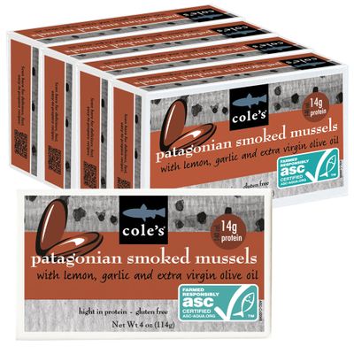 Coles Patagonian Smoked Mussels Canned with Lemon & Garlic in Extra Virgin Olive Oil | 4oz Hand-Packed Tinned Mussels | 14g Protein | Pack of 5