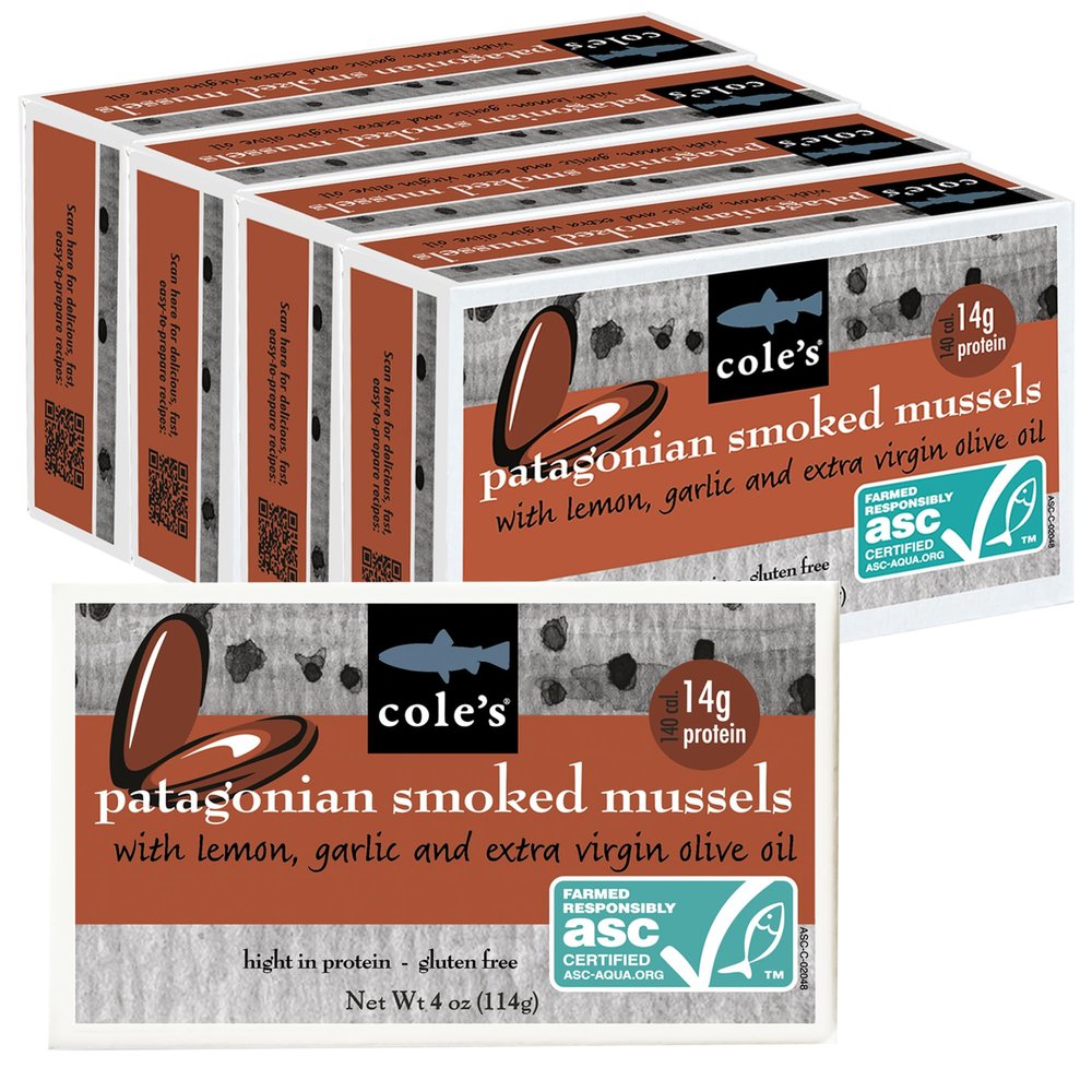 Coles Patagonian Smoked Mussels Canned with Lemon & Garlic in Extra Virgin Olive Oil | 4oz Hand-Packed Tinned Mussels | 14g Protein | Pack of 5