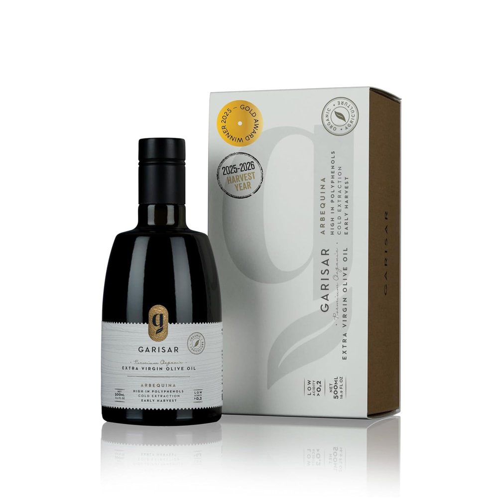 Garisar High In Polyphenol Premium Extra Virgin Olive Oil (>600 ppm), Low Acidity (max 0.2%), NYIOOC 2025 Gold Medal Winner, Organic Agriculture, Hand Picked, Cold Pressed, 100% Arbequina, Pack of 2
