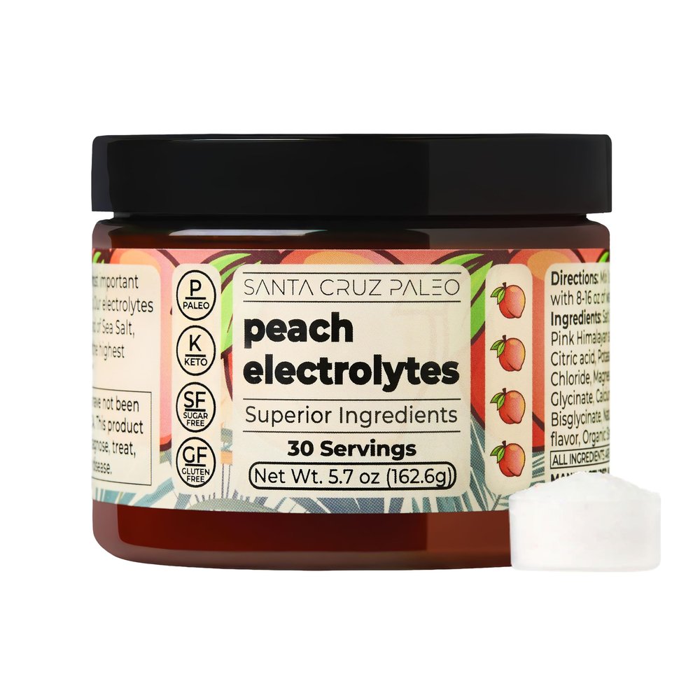Santa Cruz Paleo Electrolyte Powder, Peach Flavor, Sugar Free Hydration Drink Mix with Himalayan Pink Salt, Sea Salt, Magnesium Glycinate, Potassium Chloride, Sweetened with Stevia, 30 Servings