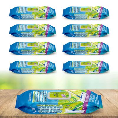 Juniper CLEAN Wet Floor Wipes, Multi Surface Floor Cleaner Wet Mop Pads Fit Swiffer Sweeper Mop, Fresh Scent & Plant-Based Textured Cloth Trap Absorb Dirt, 20 Count (Pack of 8)