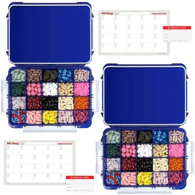 20 Compartment UV Protected Large Cobalt Blue Pill Case with Airtight Seal, Spill Proof, Silicone Gasket Waterproof Med Box with Medication Map, Medical Alert Card (Blue 2 Pack)