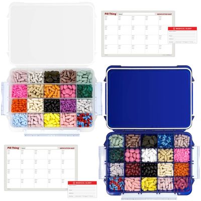 20 Compartment Large Pill Case, Combo of Clear & UV Protected Blue, Airtight & Waterproof Silicone Seal, Spill Proof, Medication Maps & Medical Alert Card (Combo Pack - 1 Blue & 1 Clear)