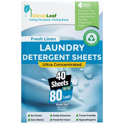 GlowyLeaf Laundry Detergent Sheets (Fresh Linen) - 80 Loads No Heavy Plastic Jug, Easy to Use Concentrated Laundry Detergent Sheets (Great for Travel)