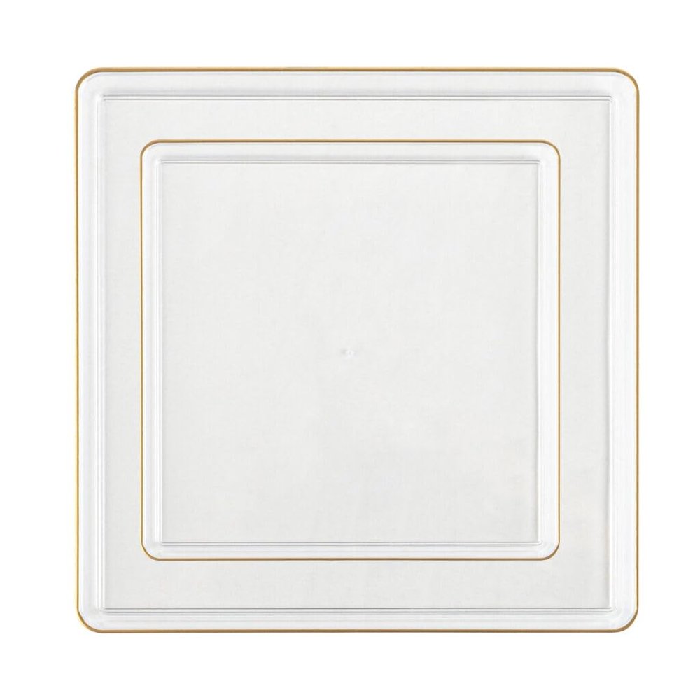 EcoQuality Combo Set 7.75" Dessert Plates and 10.75" inch Square Clear Plastic Plates with Gold Rim, Disposable China Like Party Plate, Heavy Duty Dinner Charger Plate, Salad, Wedding, Tableware (30)