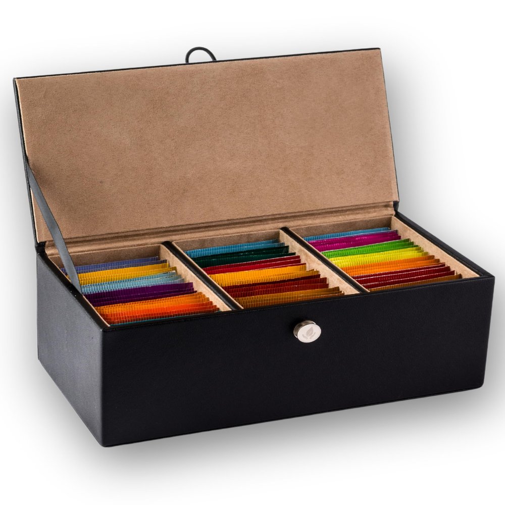 Gourmet Herbal and Decaf Tea Gift Variety, 60 Count 15 Flavors, Non-GMO and All-Natural, Vegan Leather Storage Box