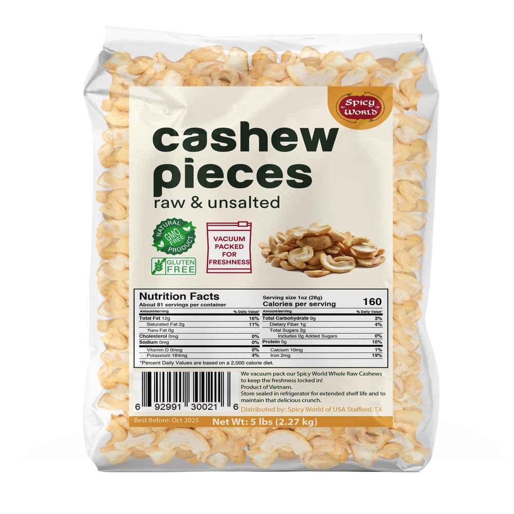 Spicy World Raw Cashew Pieces 80oz (5 LBS) - Natural Bulk Raw & Unsalted Cashews for Cooking, Baking & Topping, Gluten Free, Vegan, Keto, Paleo, Non-GMO in Vacuum Packed Bag