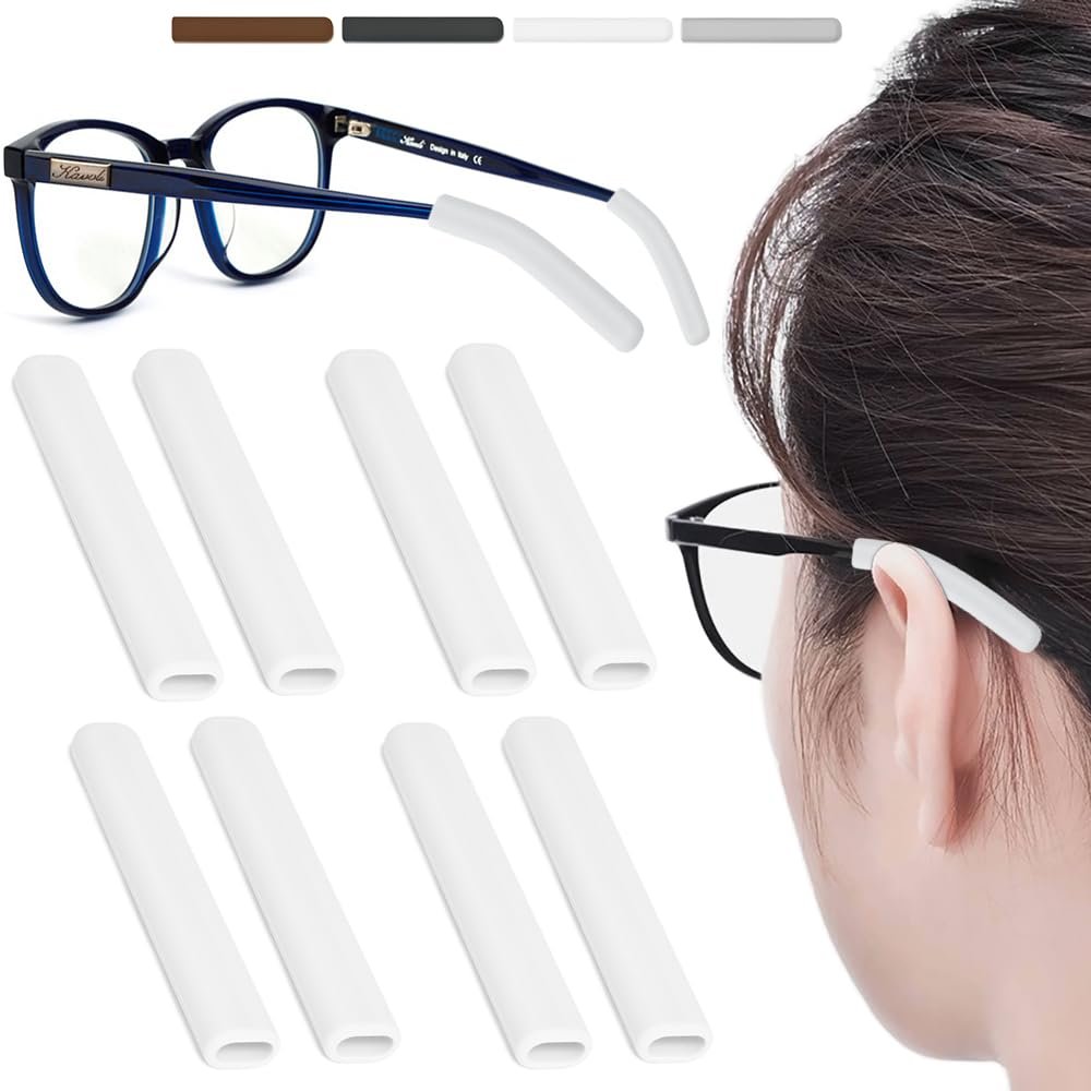 4 Pairs Silicone Glasses Ear Cushion, Eye Glasses Ear Grippers Anti Slip, Rubber Ear Pieces Non Slip, Soft Eyeglass Ear Cushions for Pain, Temple Sleeves Tips Ear Pads for Preventer (White)