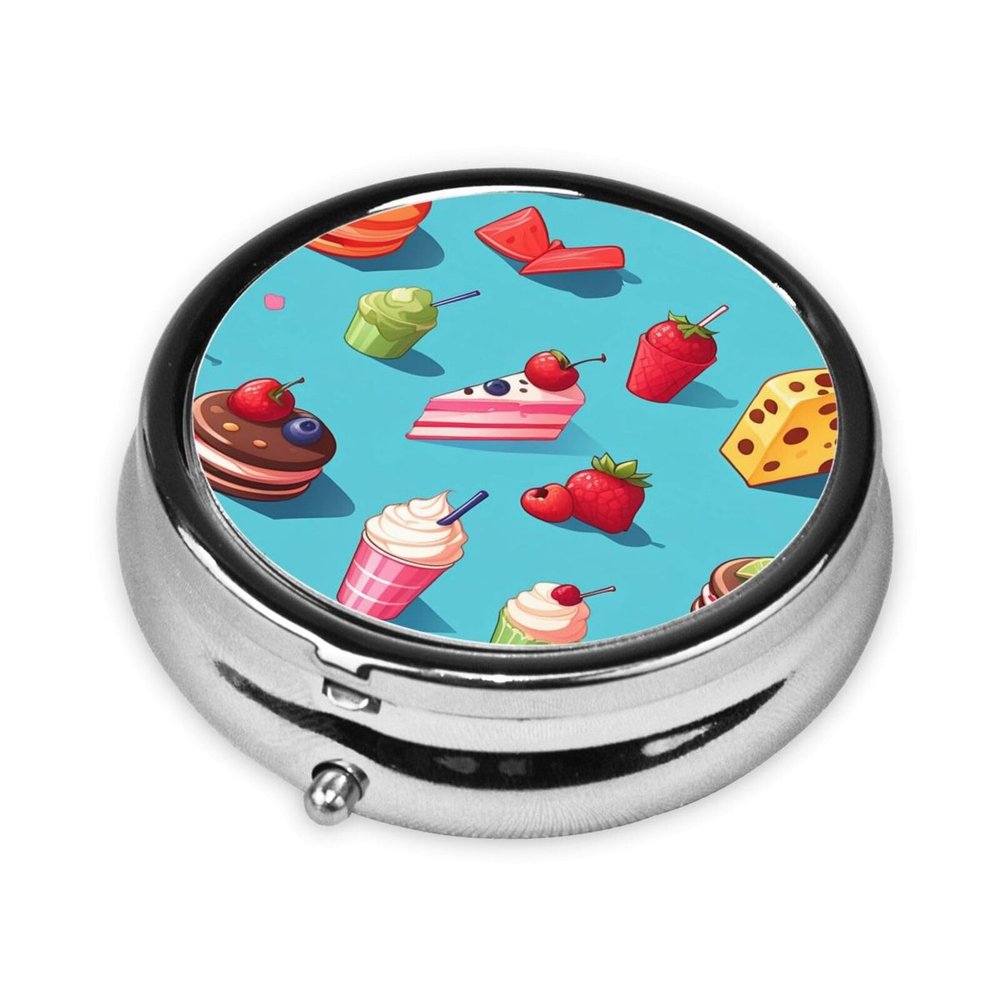 ZhongGuo Food Print Printed Pill Organizer,Round Travel Pill Organizer Mini Medicine Pill Box for Purse Iron Plating
