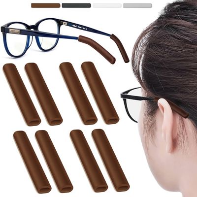 4 Pairs Silicone Glasses Ear Cushion, Eye Glasses Ear Grippers Anti Slip, Rubber Ear Pieces Non Slip, Soft Eyeglass Ear Cushions for Pain, Temple Sleeves Tips Ear Pads for Preventer (Brown)