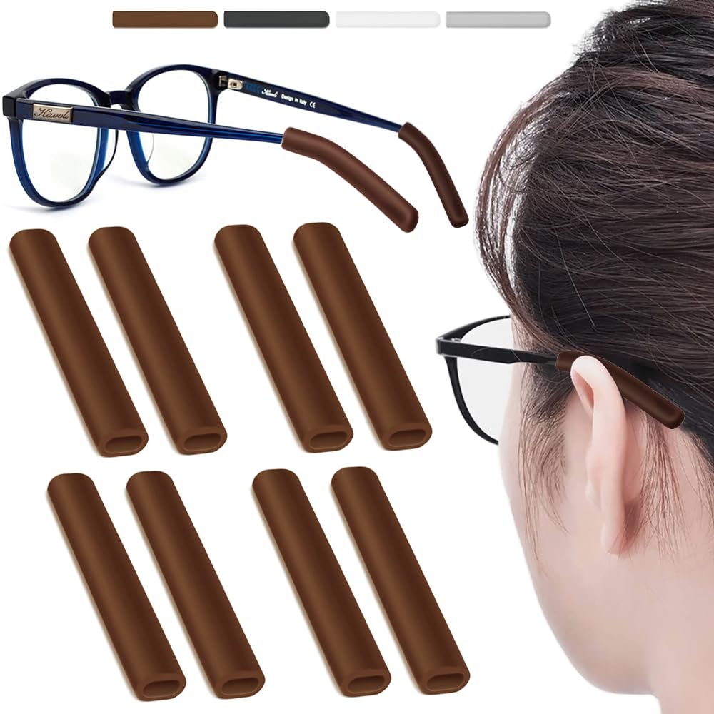 4 Pairs Silicone Glasses Ear Cushion, Eye Glasses Ear Grippers Anti Slip, Rubber Ear Pieces Non Slip, Soft Eyeglass Ear Cushions for Pain, Temple Sleeves Tips Ear Pads for Preventer (Brown)