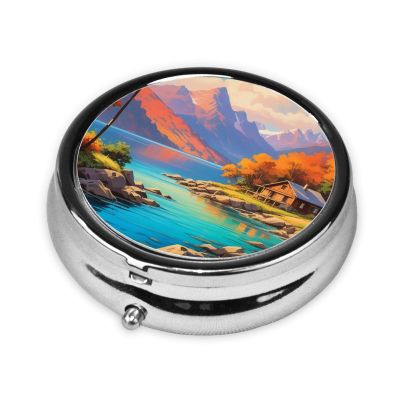 ZhongGuo Vibrant Vista Printed Pill Organizer,Round Travel Pill Organizer Mini Medicine Pill Box for Purse Iron Plating