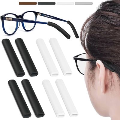 4 Pairs Silicone Glasses Ear Cushion, Eye Glasses Ear Grippers Anti Slip, Glasses Ear Grips Non Slip, Eyeglass Ear Cushions for Pain, Temple Sleeves Tips Ear Pads for Glasses Slip Preventer (BLK&WHT)