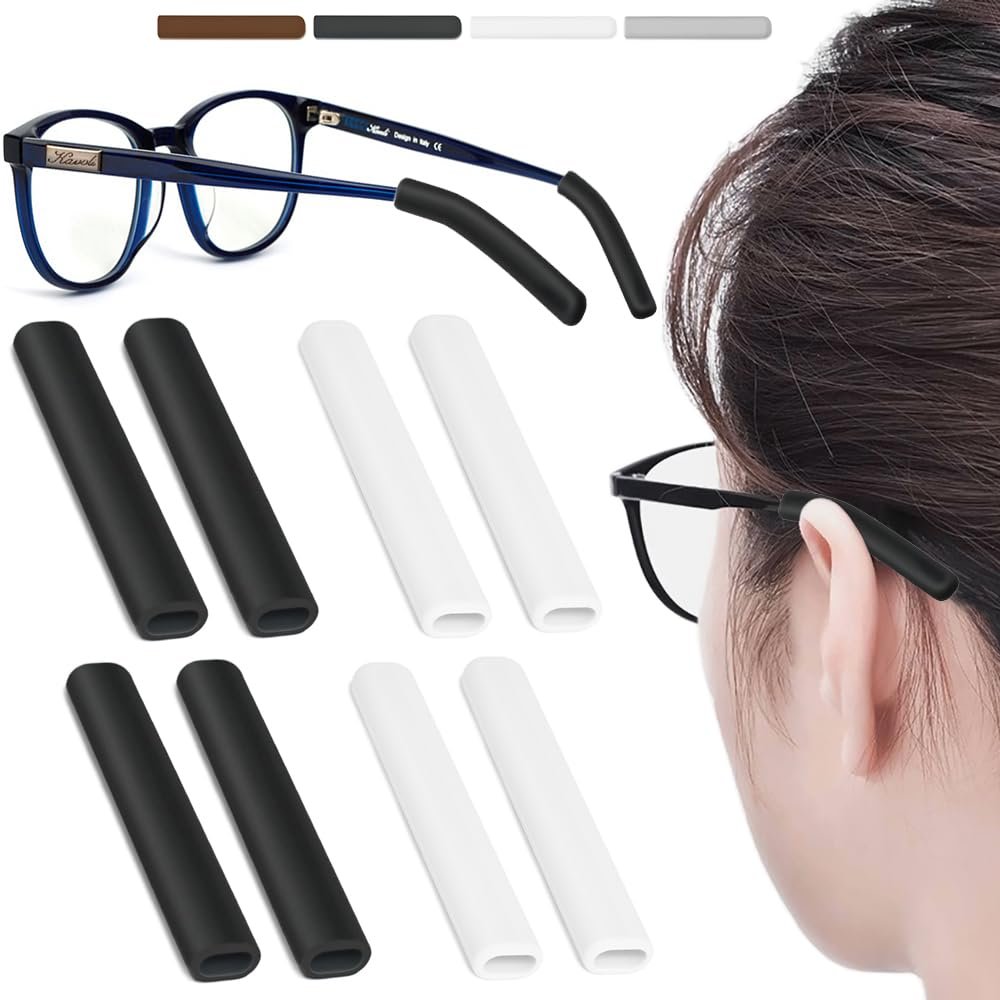 4 Pairs Silicone Glasses Ear Cushion, Eye Glasses Ear Grippers Anti Slip, Glasses Ear Grips Non Slip, Eyeglass Ear Cushions for Pain, Temple Sleeves Tips Ear Pads for Glasses Slip Preventer (BLK&WHT)