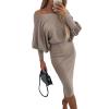 Generic Women's Off The Shoulder Midi Dress Elegant Long Lantern Sleeve Sweater Dress Knitting Ribbed Bodycon Dress for Party (X-Small,Apricot) view 1