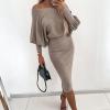 Generic Women's Off The Shoulder Midi Dress Elegant Long Lantern Sleeve Sweater Dress Knitting Ribbed Bodycon Dress for Party (X-Small,Apricot) view 2