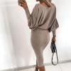 Generic Women's Off The Shoulder Midi Dress Elegant Long Lantern Sleeve Sweater Dress Knitting Ribbed Bodycon Dress for Party (X-Small,Apricot) view 3