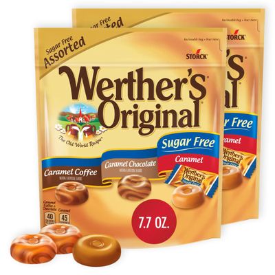 Wrthrs Original Sugar Free Hard Candy 7.7 oz 2 Packs - Assorted Flavors Bulk Candy Individually Wrapped: Chocolate, Coffee, Candy Caramel - Rich Creamy Caramel Taste, Perfect Balance of Sweet, Smooth & Salty - Perfect Balance Between Sweet - Smooth &
