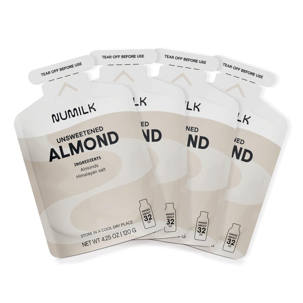Numilk Pouches 4-Pack - Unsweetened Almond - Creamy Plant-Based Milk in Seconds - Easy-to-Use with the Numilk Nut Milk Maker Machine - Dairy Free Milk Beverage - One Pouch Makes 32oz