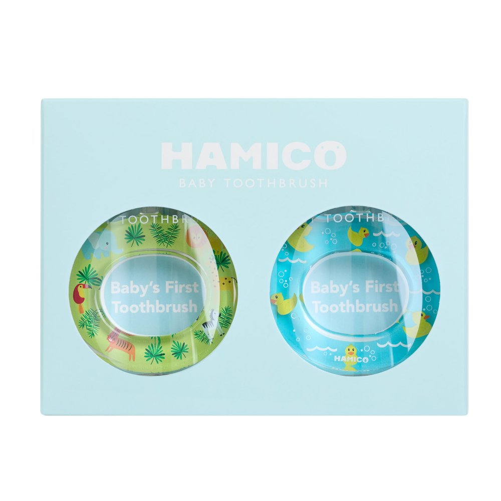 HAMICO Baby Toothbrush Gift Set Gentle, Extra-Soft Bristles for Babys First Toothbrush | Easy Grasp-No Overreach Infant Toothbrush | BPA Free | 2-Pack: Rubber Ducks & Jungle Animals