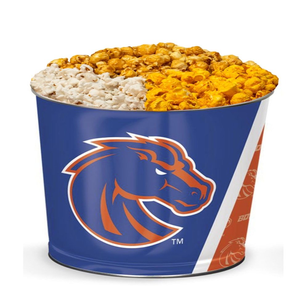 Colby Ridge 3 Way Football Popcorn Tin - White, Caramel, and Cheese Gourmet Craft Popped Gluten Free (3 Gallon - Boise State)